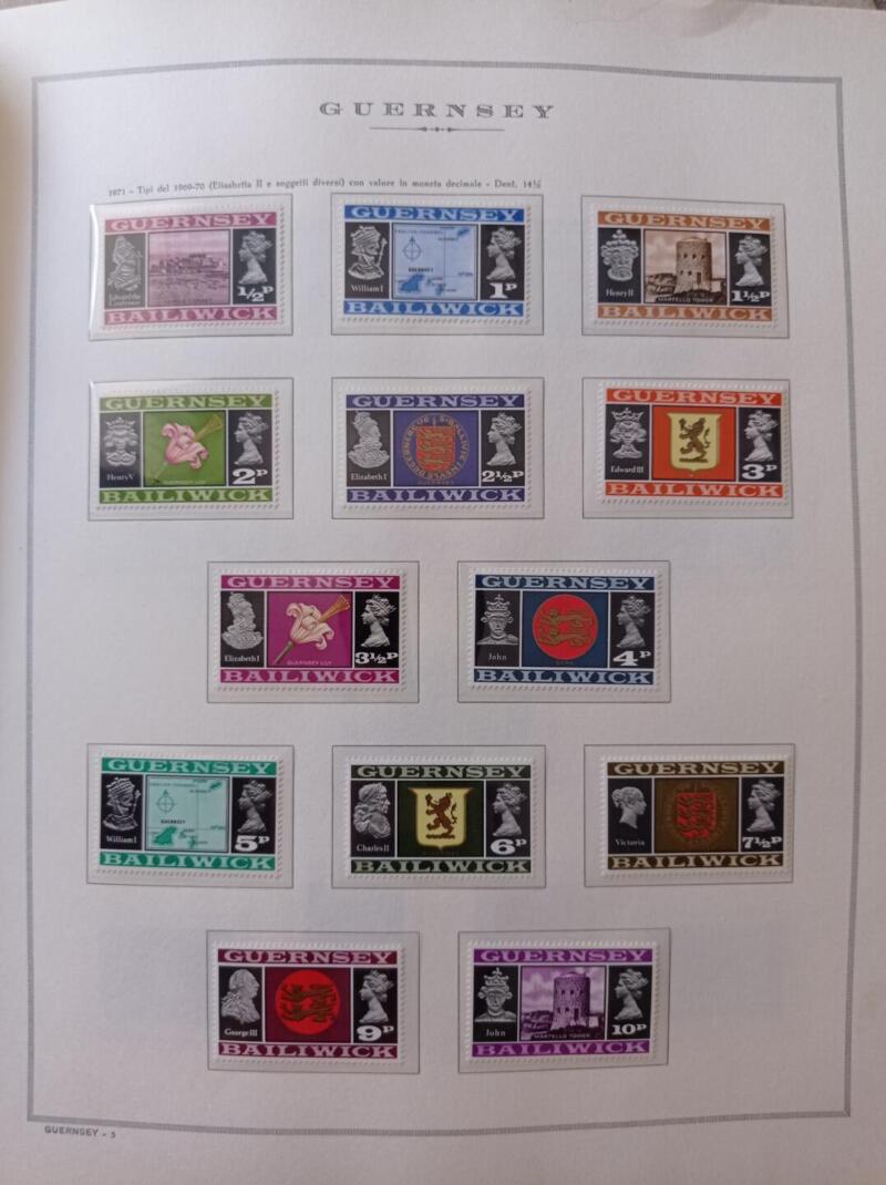 Francobolli Guernsey Anno 1971 Annata completa montata su Fogli Marini King usati  (i fogli sono in omaggio)