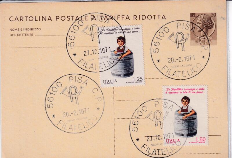Cartolina postale cat. n. 172 Lire 20 bruno con affrancatura aggiuntiva n. 2 francobolli Risparmio postale 1971 Lire 25 e Lire 50 (cat. n. 1159 e 1160) con annullo Primo Giorno di emissione