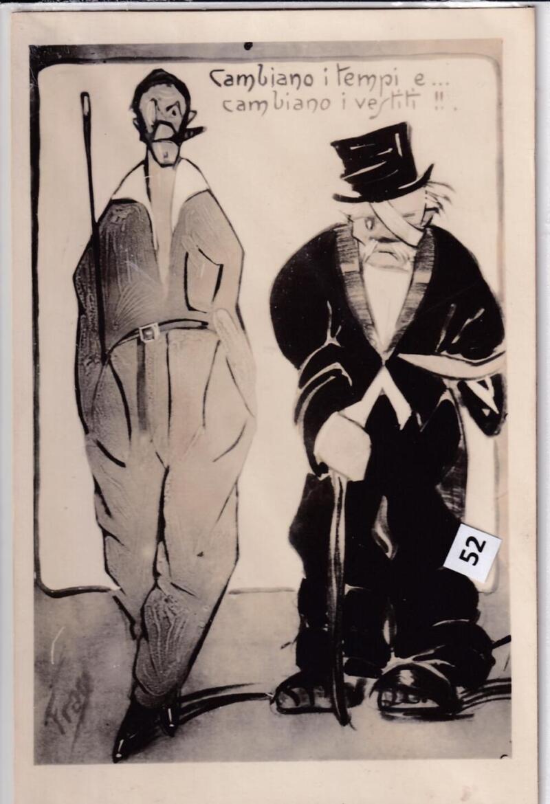 Cartolina satirica d'epoca CAMBIANO I TEMPI E... CAMBIANO I VESTITI