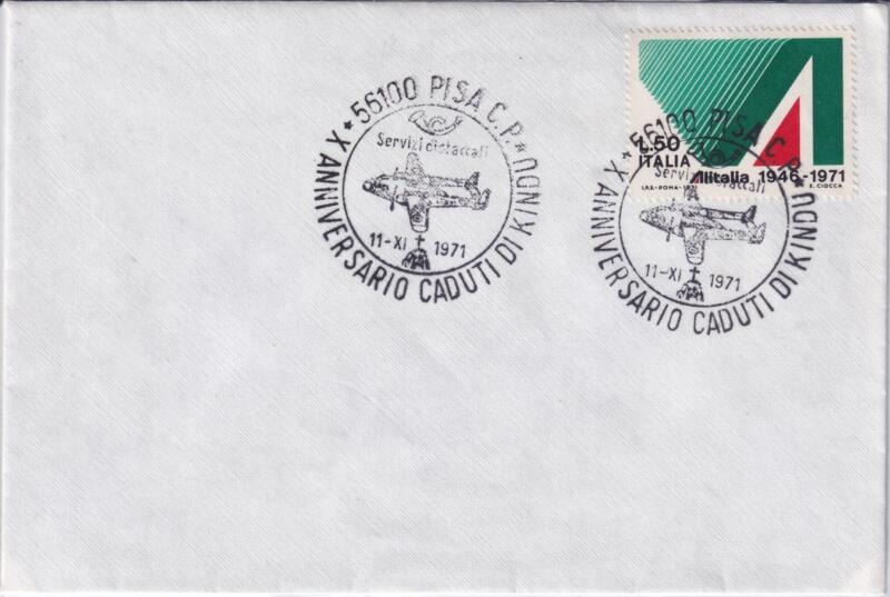 Busta affrancata con Francobollo serie 25esimo anniversario dell'Alitalia da Lire 50 (cat. n. 1155) con Annullo speciale Kindu 11-XI-1971