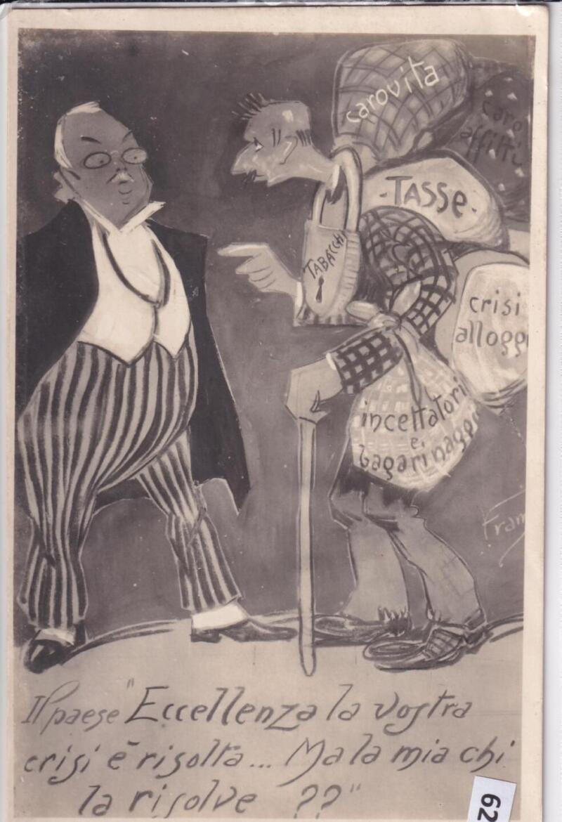 Cartolina satirica d'epoca IL PAESE Eccellenza la vostra crisi è risolta (censurata)