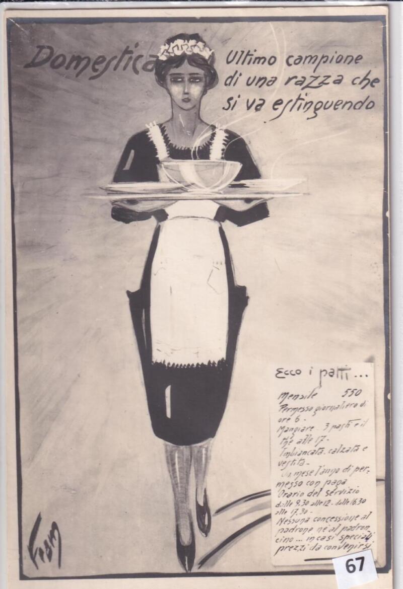 Cartolina satirica d'epoca Domestica – ultimo campione di una razza che si va estinguendo