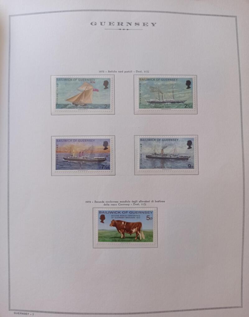 Francobolli Guernsey Anno 1972 Annata completa montata su Fogli Marini King usati  (i fogli sono in omaggio)