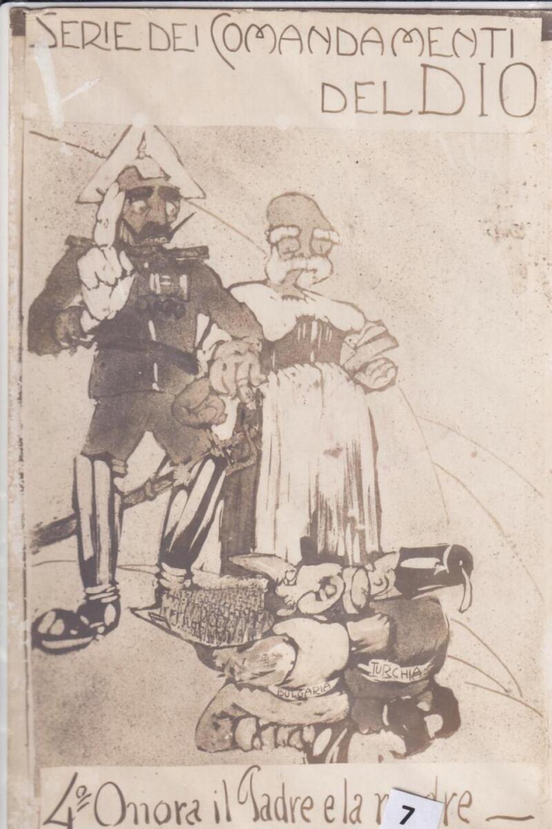 Cartolina satirica d'epoca SERIE DEI COMANDAMENTI DEL DIO 4° ONORA IL PADRE E LA MADRE