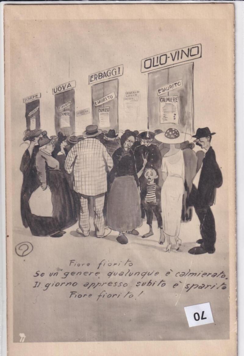 Cartolina satirica d'epoca FIORE FIORITO Se un genere qualunque è calmierato Il giorno appresso è subito sparito FIORE FIORITO