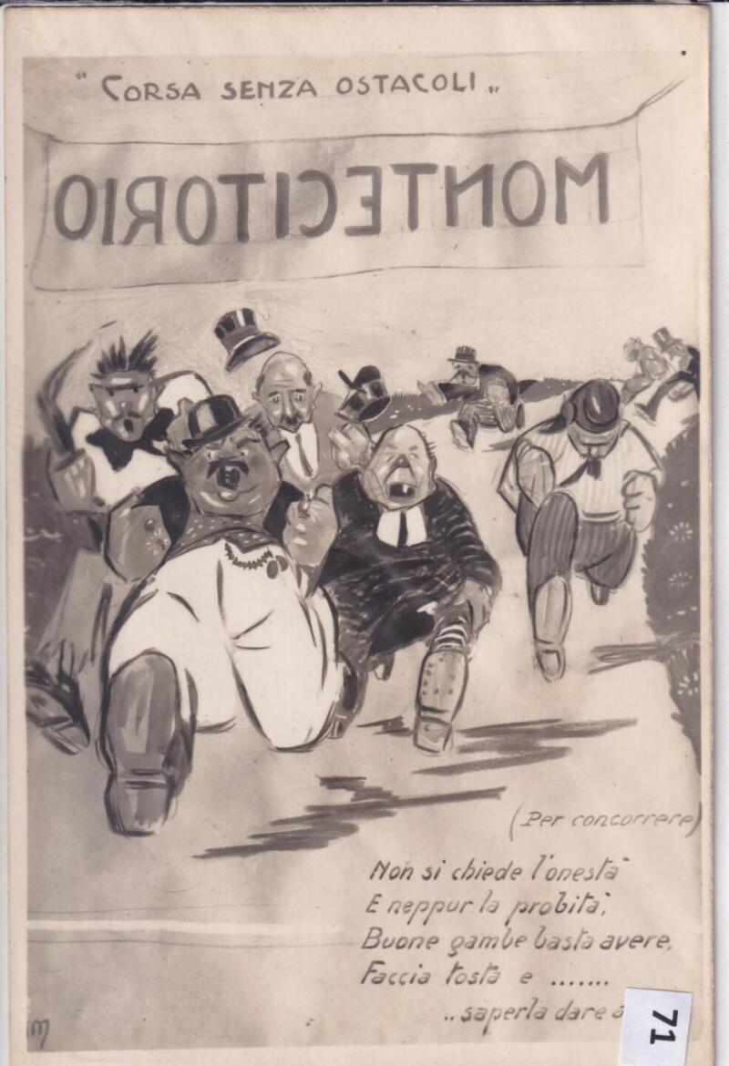 Cartolina satirica d'epoca CORSA SENZA OSTACOLI MONTECITORIO