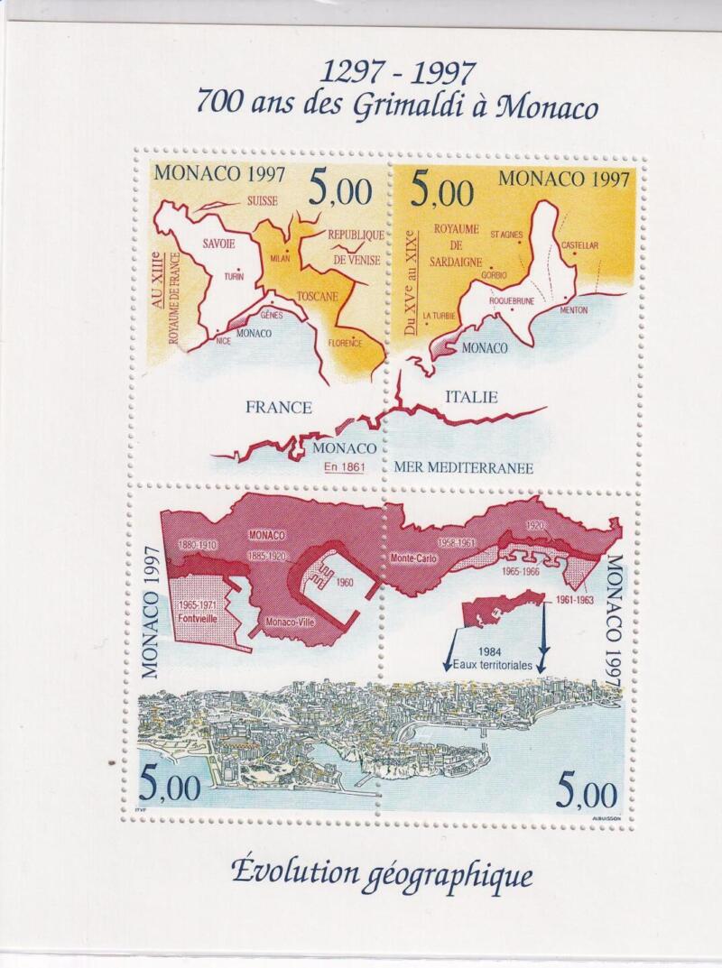Foglietto Monaco Anno 1997 Settimo anniversario della Dinastia dei Grimaldi di Monaco Evoluzione del Territorio Quinta serie