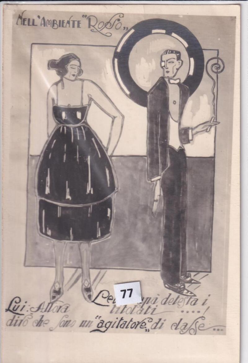 Cartolina satirica d'epoca NELL'AMBIENTE ROSSO