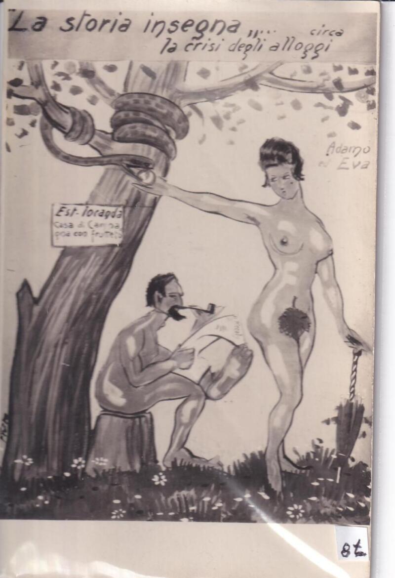 Cartolina satirica d'epoca LA STORIA INSEGNA... CIRCA LA CRISI DEGLI ALLOGGI