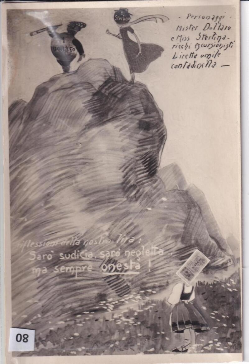 Cartolina satirica d'epoca PERSONAGGI Mister Dollaro e Miss Sterlina ricchi escursionisti Liretta Umile contadinella