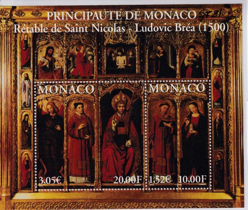 Foglietto Monaco Anno 2000 Restauro del trittico di Ludovic Brea nella cattedrale di Monaco