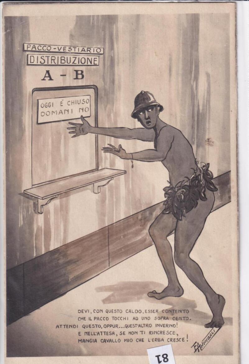 Cartolina satirica d'epoca PACCO VESTIARIO DISTRIBUZIONE
