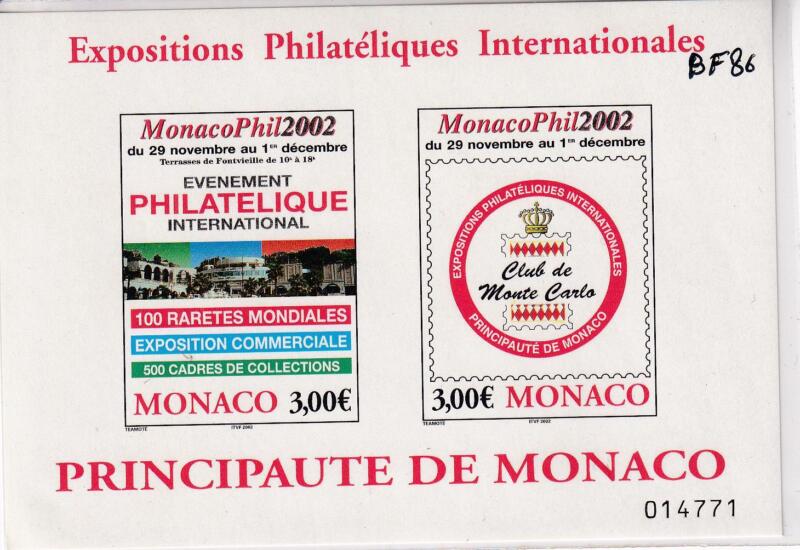 Foglietto Monaco Anno 2002 MONACOPHIL 02 Esposizione Filatelica Internazionale