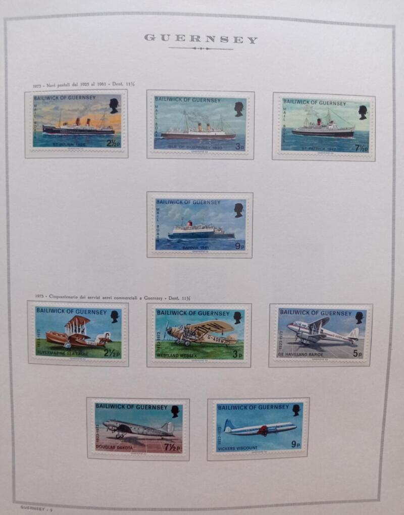 Francobolli Guernsey Anno 1973 Annata completa montata su Fogli Marini King usati  (i fogli sono in omaggio)