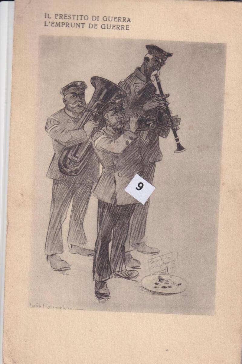 Cartolina satirica d'epoca IL PRESTITO DI GUERRA