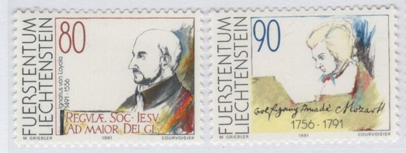 Francobolli Liechtenstein Anno 1991 Quinto centenario della nascita di S. Ignazio di Loyola e bicentenario della morte di W. A. Mozart