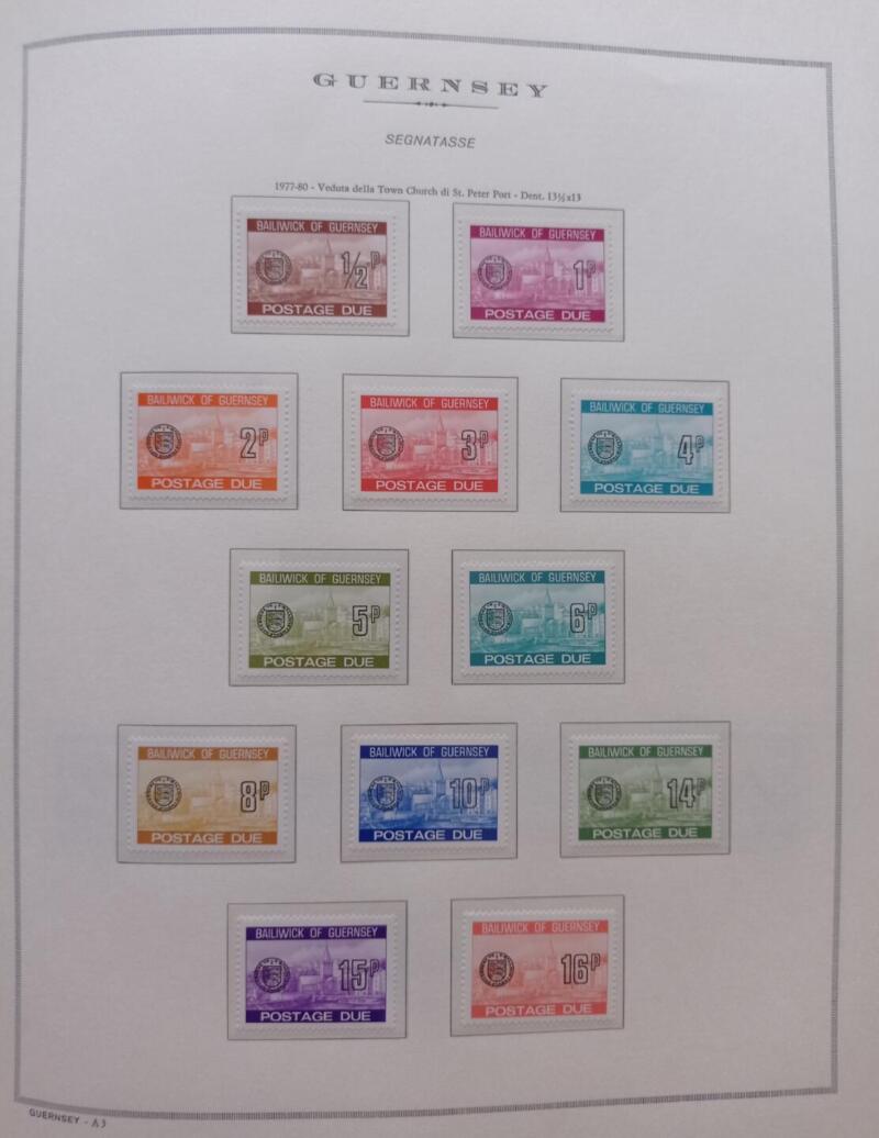 Francobolli Segnatasse Guernsey Anni 1977 e 1980 Serie Vedute montata su Fogli Marini King usati (i fogli sono in omaggio)