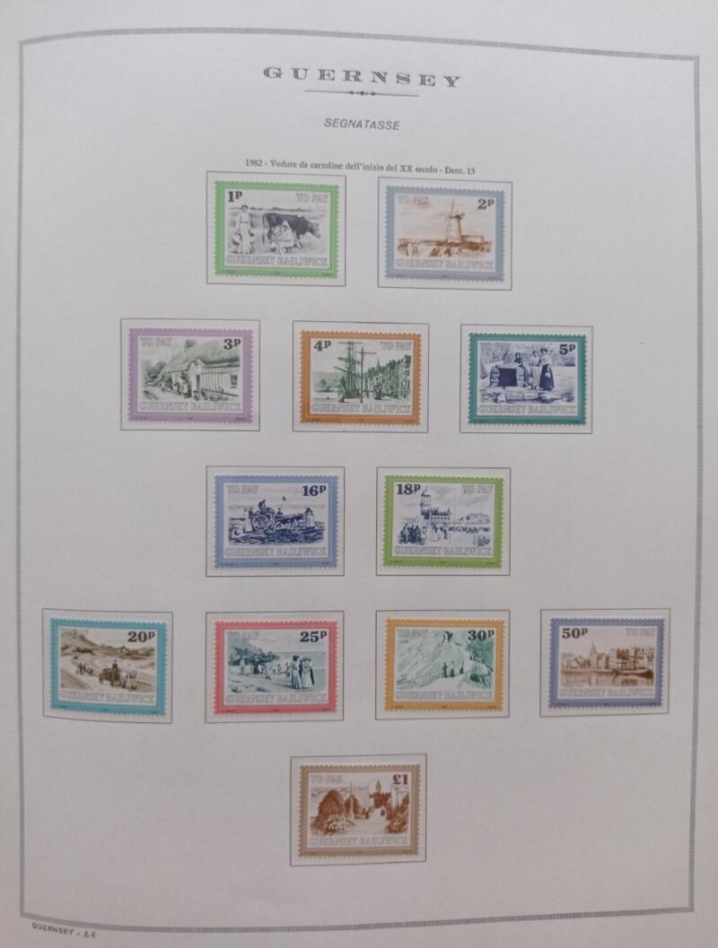 Francobolli Segnatasse Guernsey Anno 1982 Serie Vedute Nuovo tipo montata su Fogli Marini King usati (i fogli sono in omaggio)