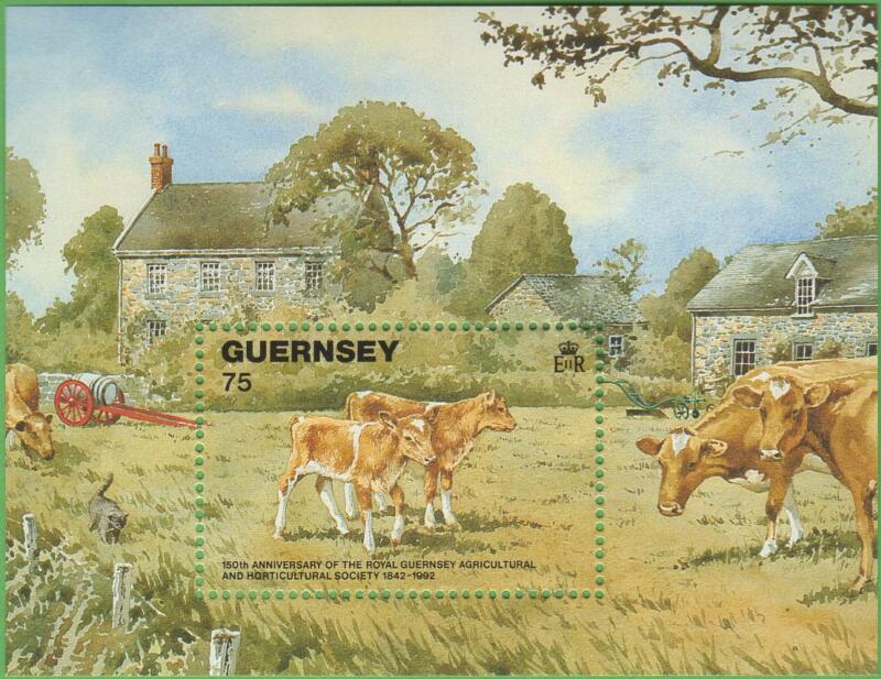 Foglietto Guernsey Anno 1992 150esimo anniversario della Società reale di Guernsey per l'agricoltura e l'orticoltura Mucche razza Guernsey