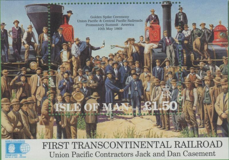 Foglietto Man Anno 1992 Cerimonia d’incontro tra le due linee ferroviarie Union Pacific e Central Pacific che costruirono la prima linea transcontinentale degli Stati Uniti