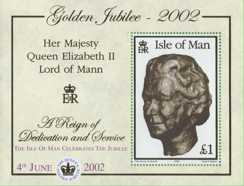 Foglietto Man Anno 2002 Cinquantenario dell’ascesa al trono della Regina Elisabetta II Scultura JUBILEE