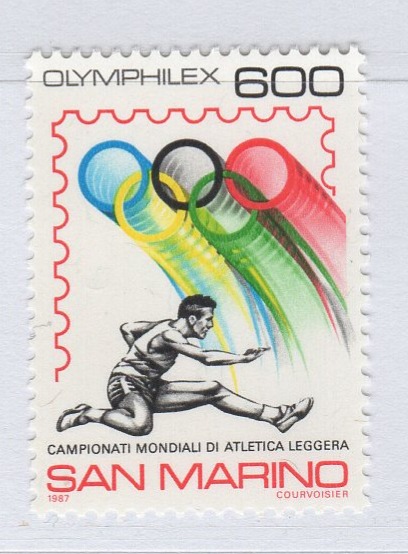 Francobollo San Marino Anno 1987 Campionati mondiali di atletica leggera e OLIMPHILEX 87 esposizione mondiale di filatelia olimpica a Roma