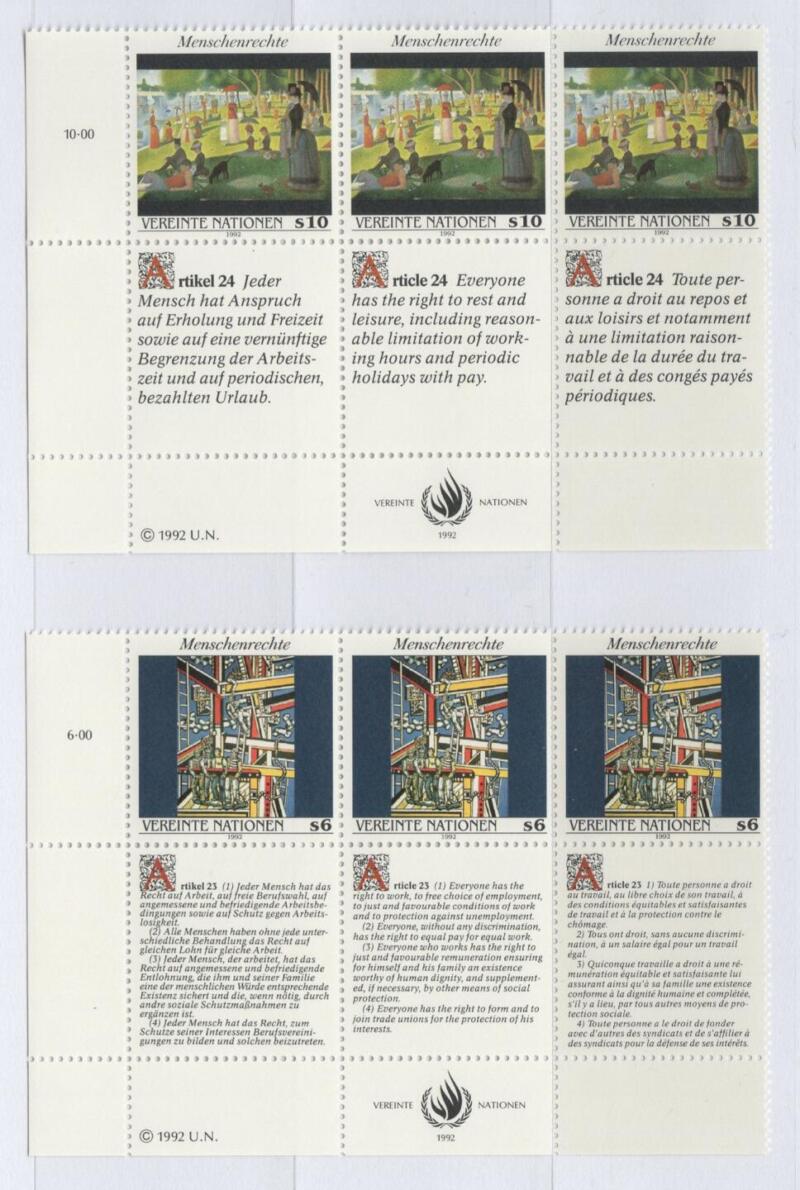 Francobolli Nazioni Unite – ONU Ufficio di Vienna Anno 1992 La Dichiarazione Universale dei Diritti dell'Uomo Dipinti di F. Leger e G. Seurat Quarta serie