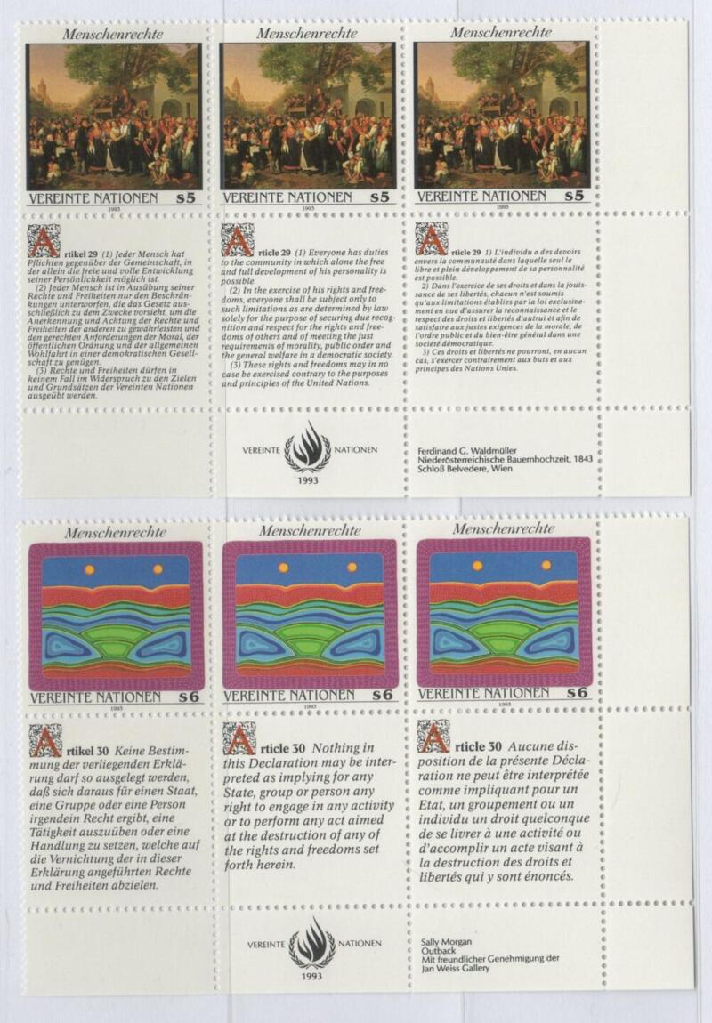 Francobolli Nazioni Unite – ONU Ufficio di Vienna Anno 1993 La Dichiarazione Universale dei Diritti dell'Uomo Dipinti di F. G. Waldmuller e di S. Morgan Quinta serie