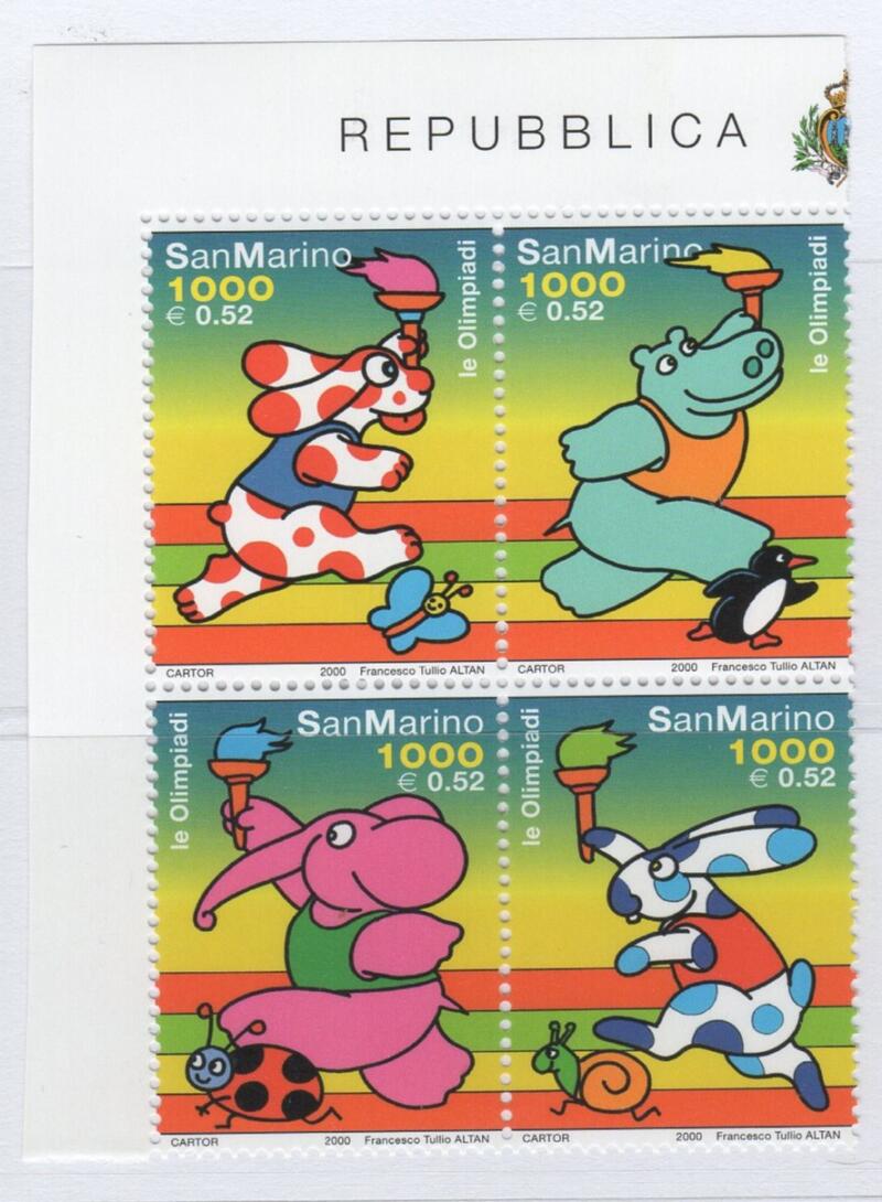 Francobolli San Marino Anno 2000 Olimpiadi 2000 Personaggi di fumetti di F. T. Altan con la fiaccola olimpica