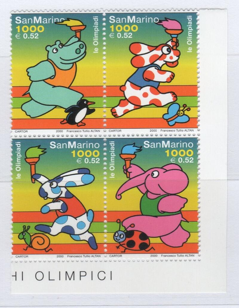 Francobolli San Marino Anno 2000 Olimpiadi 2000 Personaggi di fumetti di F. T. Altan con la fiaccola olimpica