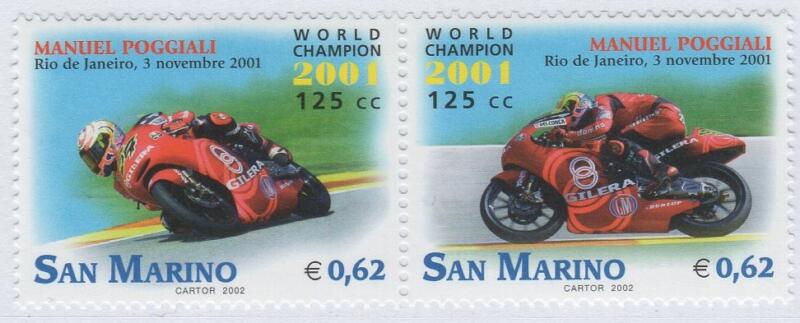 Francobolli San Marino Anno 2002 Motomondiale 2001 Il sammarinese Manuel Poggiali campione del mondo nella classe 125 cc