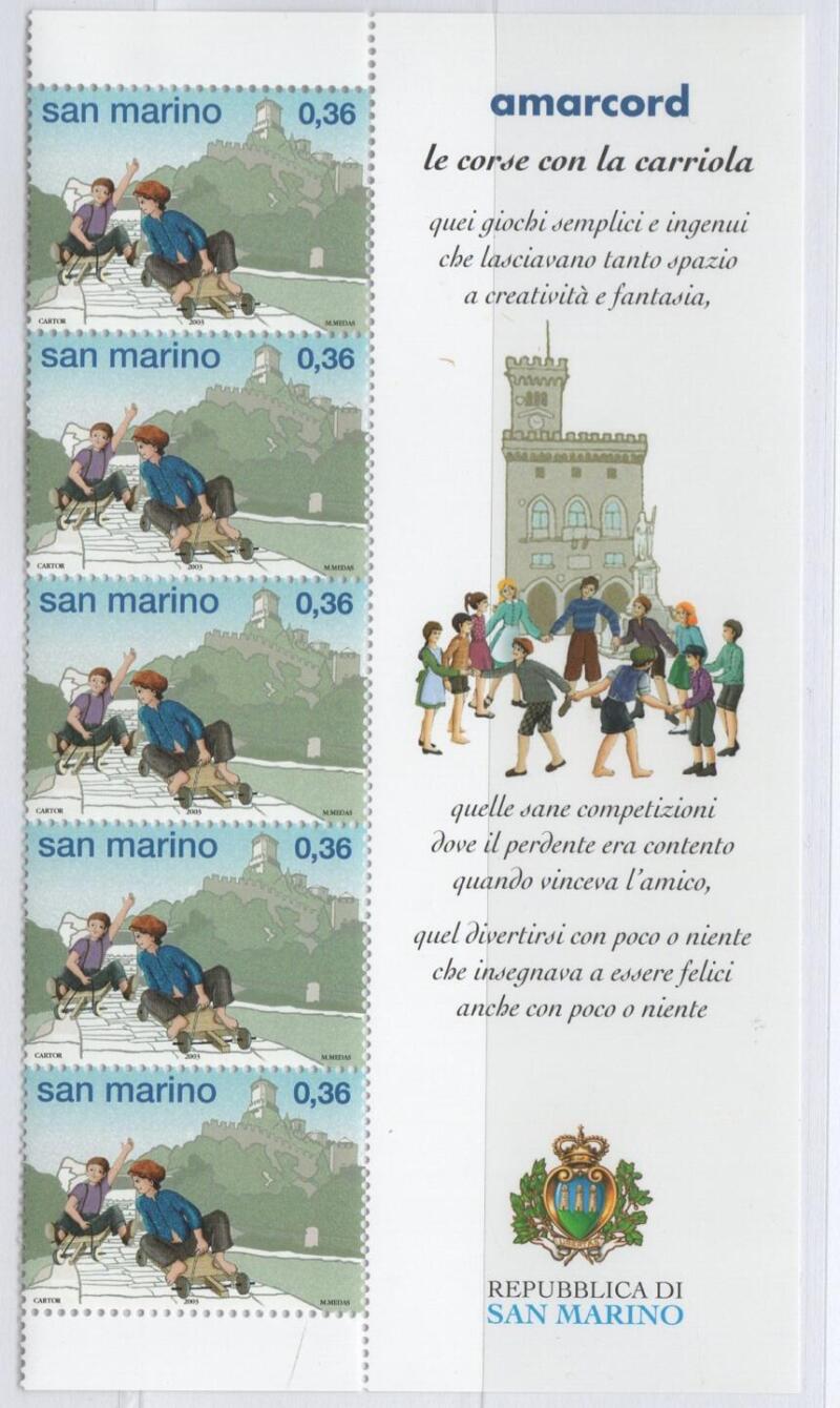 Strisce di 5 valori con descrizione illustrata dei Francobolli San Marino Anno 2003 Amarcord Antichi giochi giovanili