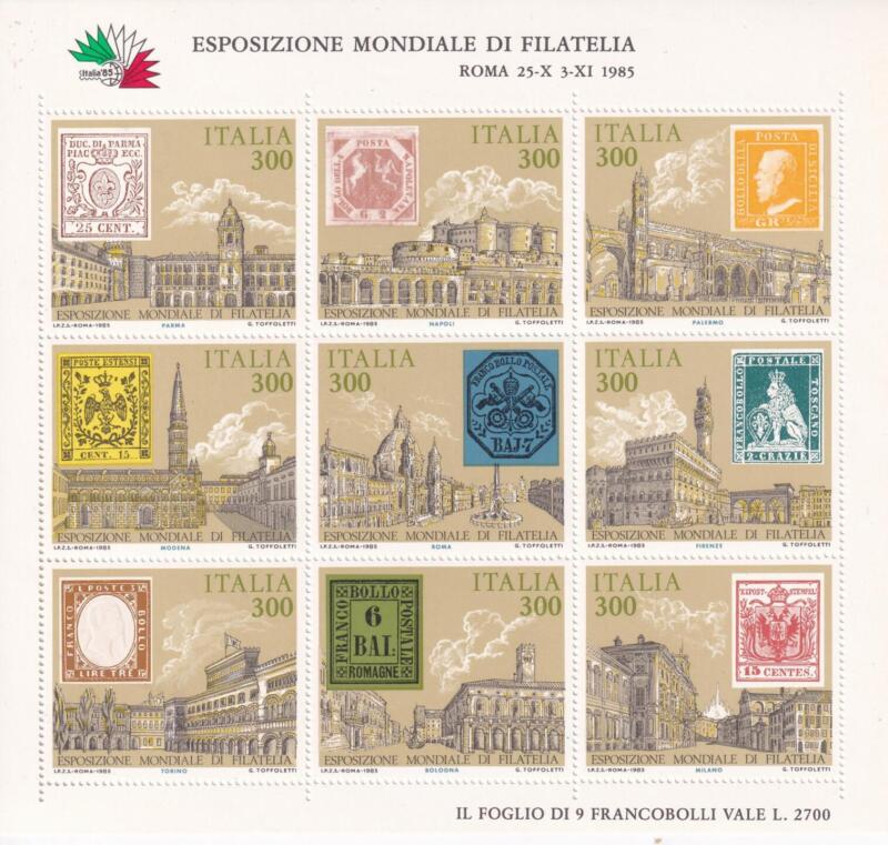 Foglietto Italia Anno 1985 Italia 85 Esposizione Internazionale di Filatelia a Roma Sesta serie Riproduzione di francobolli degli Antichi Stati italiani