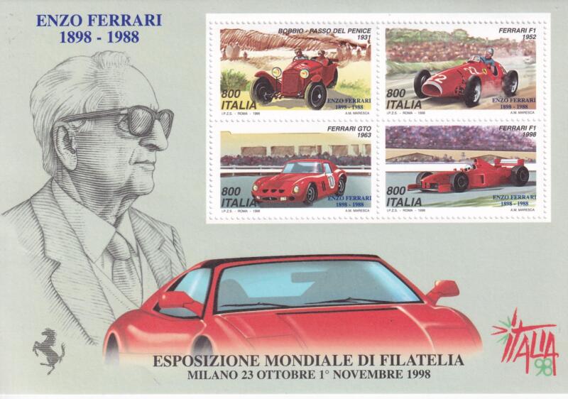 Foglietto Italia Anno 1998 ITALIA 98 Esposizione Mondiale di Filatelia Milano Giornata della Ferrari