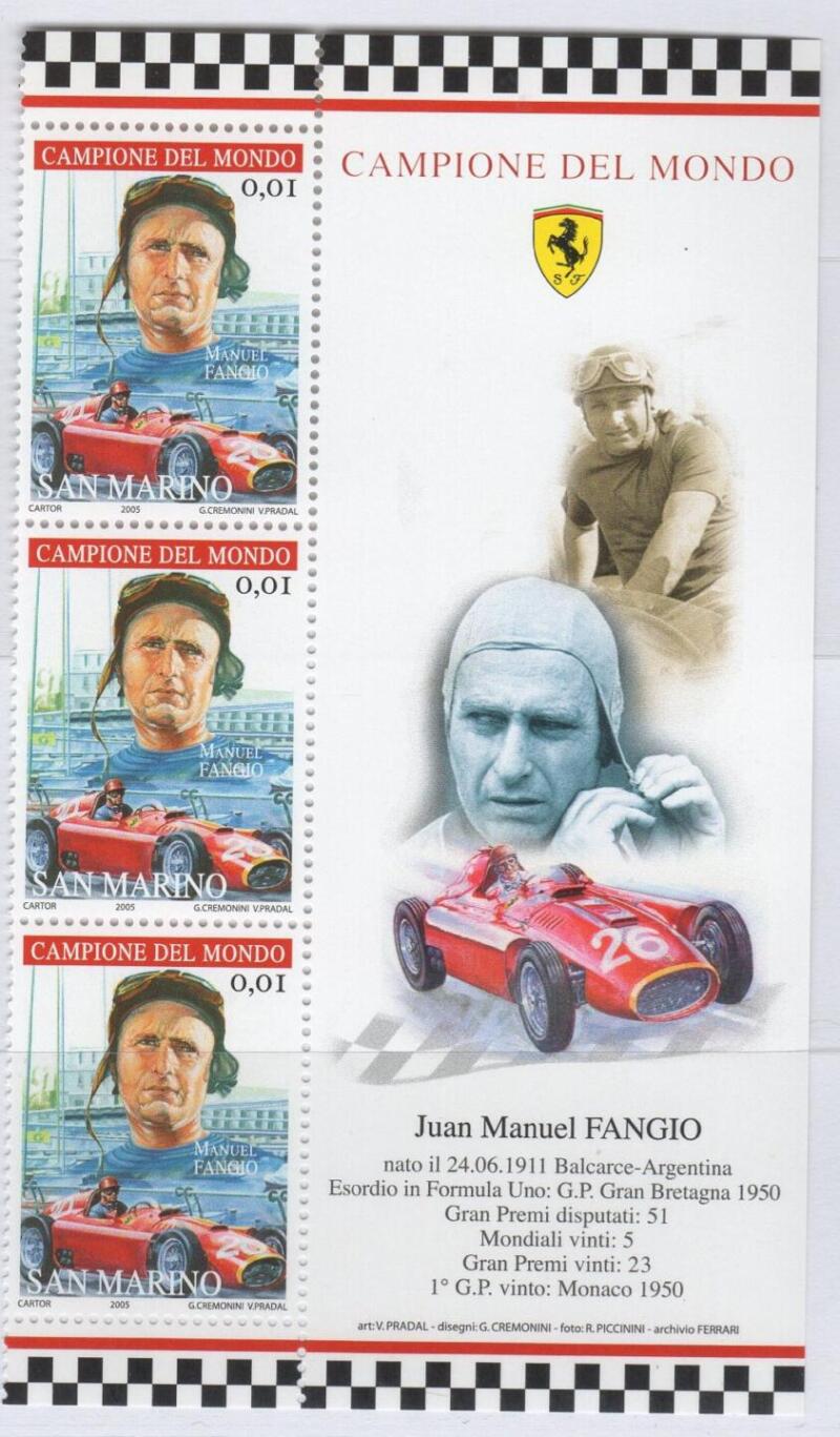 Strisce di 3 valori con relazione illustrata dei Francobolli San Marino Anno 2005 Omaggio alla Ferrari