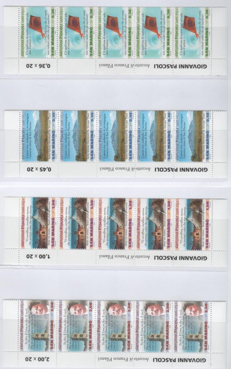Strisce di 5 valori dei Francobolli San Marino Anno 2005 150esimo anniversario della nascita di Giovanni Pascoli