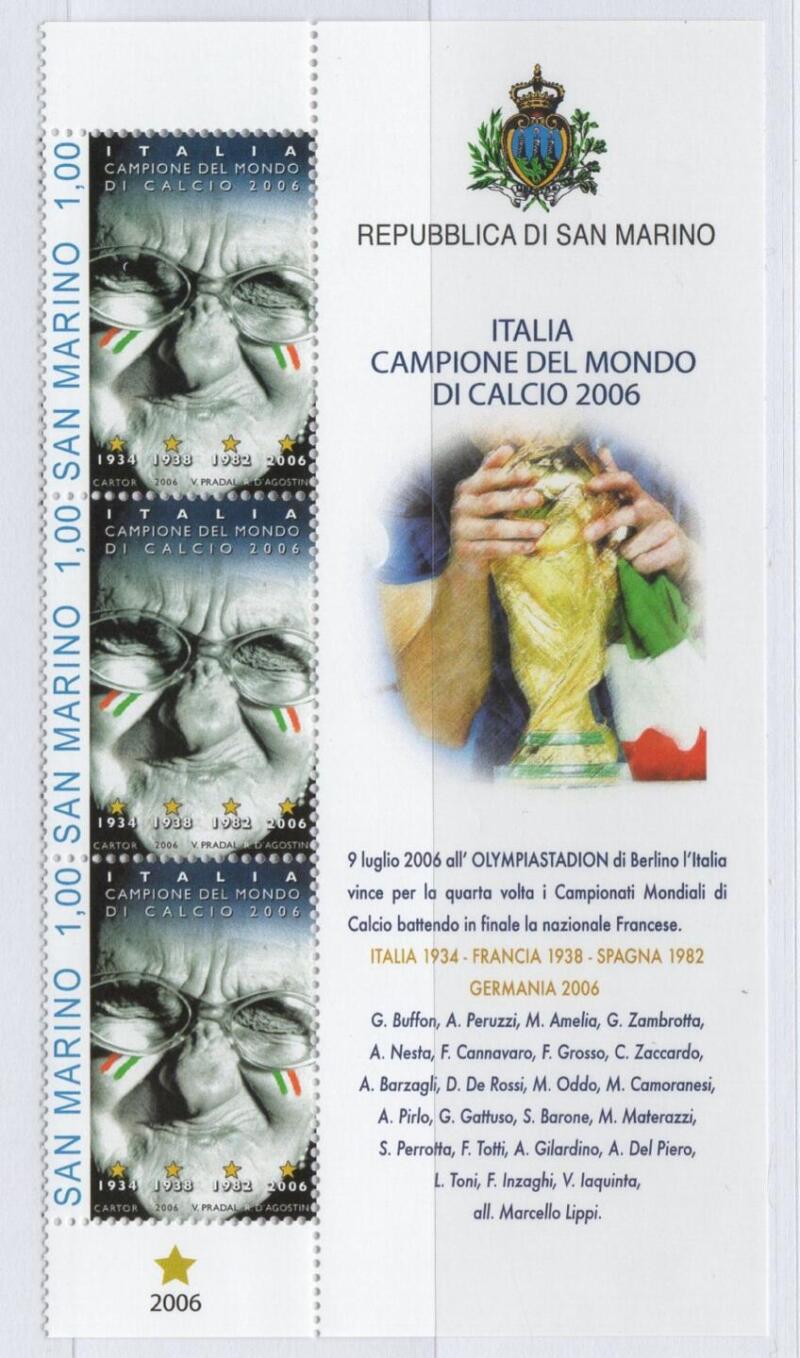 Striscia di 3 valori con descrizione illustrata del Francobollo San Marino Anno 2006 La Nazionale italiana vincitrice dei Campionati Mondiali di calcio GERMANY 2006