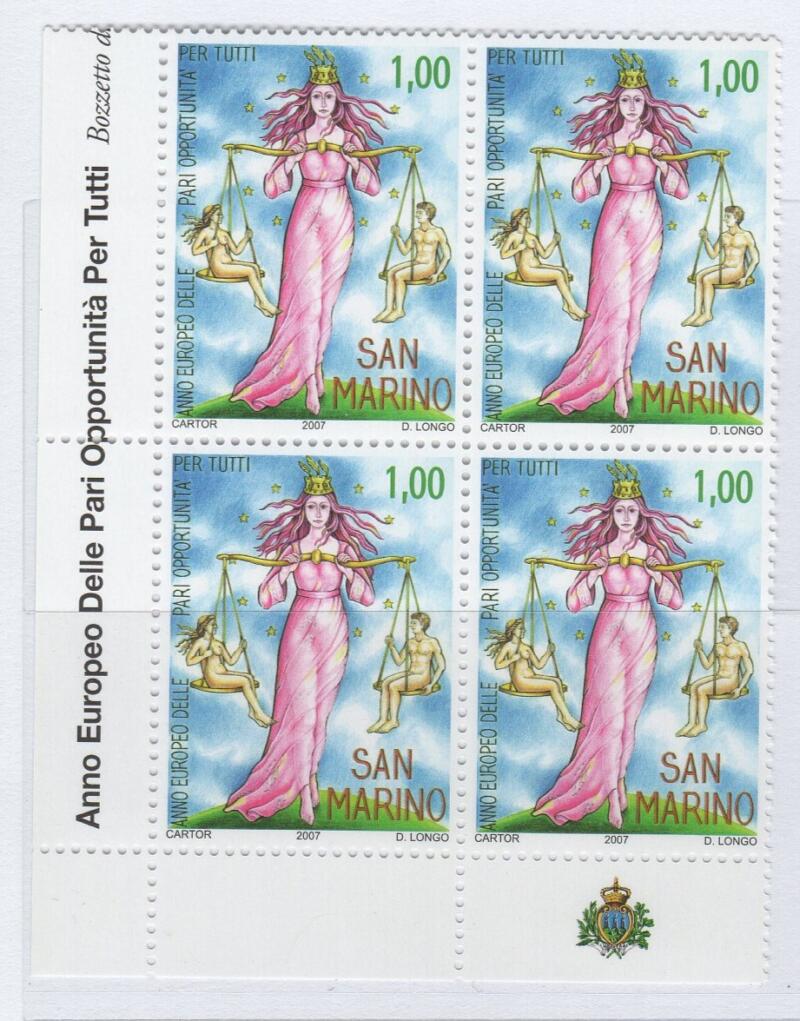 Quartina del Francobollo San Marino Anno 2007 Pari opportunità per tutti
