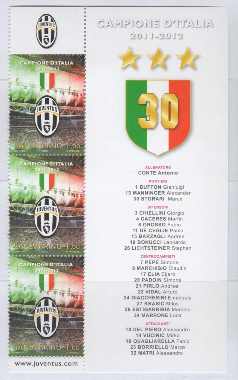 Striscia di 3 valori con descrizione illustrativa del Francobollo San Marino Anno 2012 Juventus Campione d'Italia 2011-2012