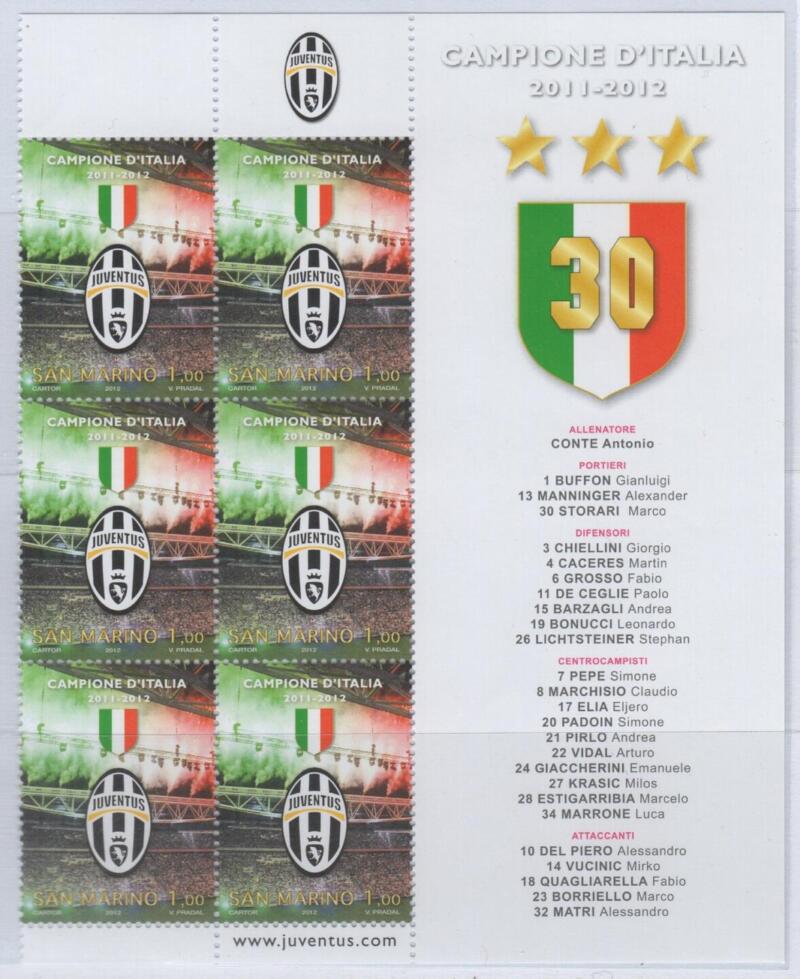Sestina con descrizione illustrativa del Francobollo San Marino Anno 2012 Juventus Campione d'Italia 2011-2012