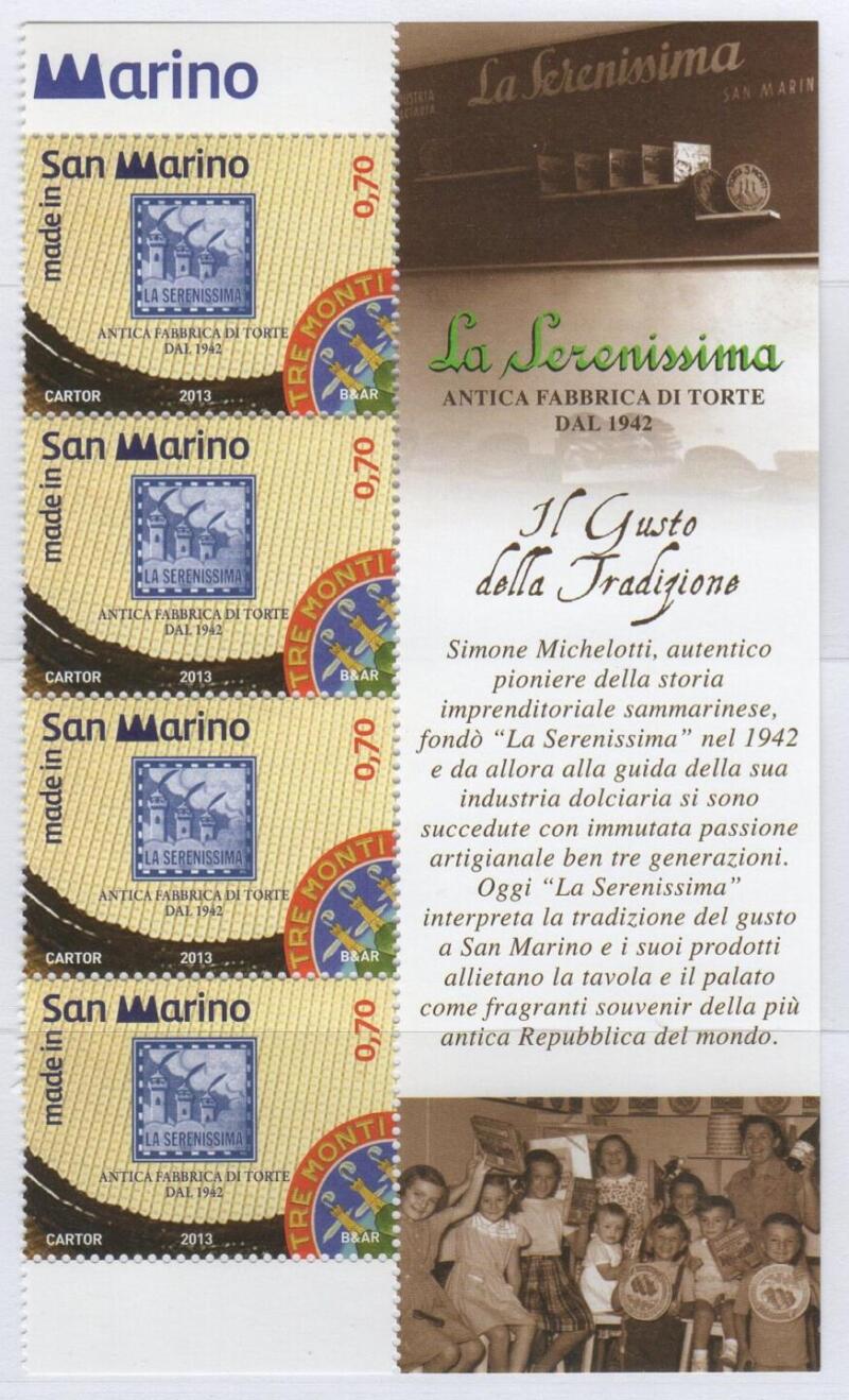 Francobollo San Marino Anno 2013 Made in San Marino 70esimo anniversario dell’antica fabbrica di torte La Serenissima S.p.A. Striscia di 4 valori con descrizione illustrativa