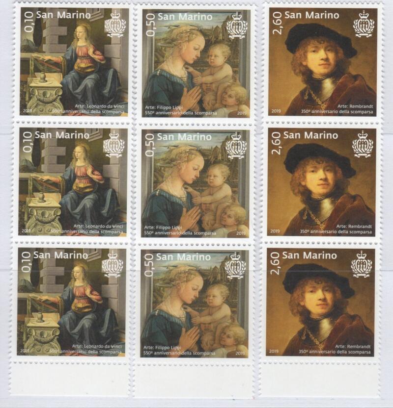 Francobolli San Marino Anno 2019 Grandi artisti 500esimo anniversario della morte di Leonardo da Vinci 550esimo anniversario della della morte di Filippo Lippi 350esimo anniversario della morte di Rembrandt