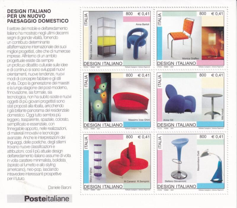 Foglietto Italia Anno 2001 Serie tematica Design italiano Seconda serie Riproduzioni di mobili e complementi d'arredo