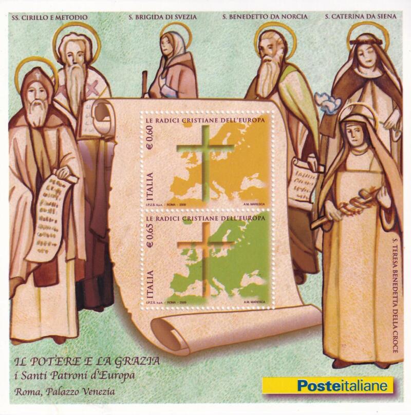 Foglietto Italia Anno 2009 Le radici cristiane dell'Europa Mostra dedicata ai Santi Patroni d'Europa