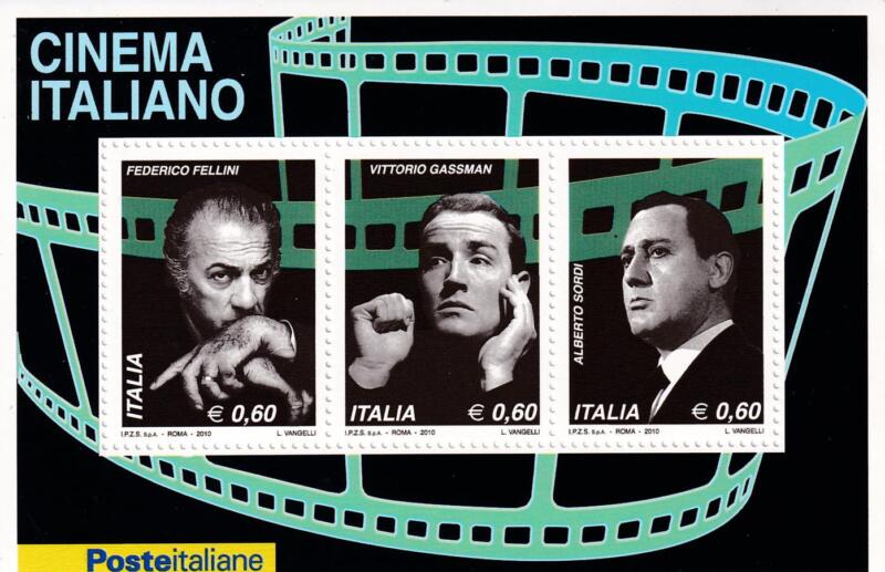 Foglietto Italia Anno 2010 Cinema italiano Omaggio a Federico Fellini, Vittorio Gassman e Alberto Sordi