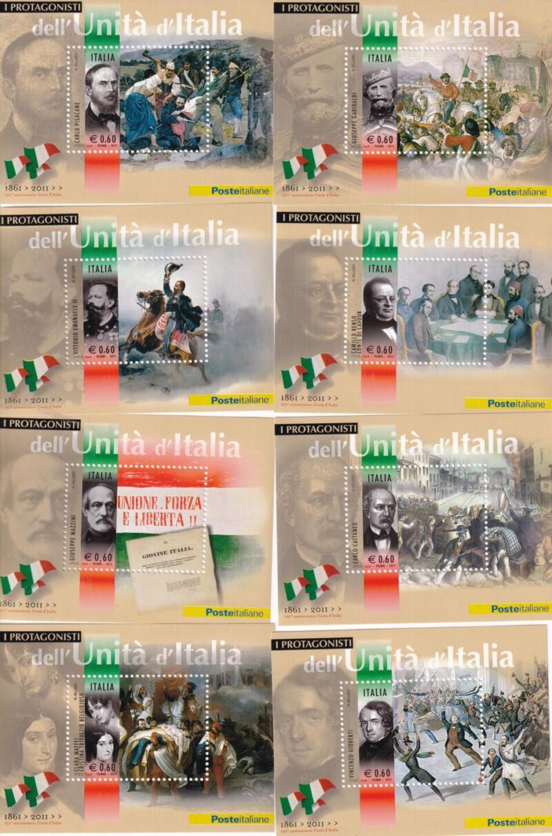 Serie di 8 foglietti Italia Anno 2011 150esimo anniversario dell'Unità d'Italia Quarta serie I protagonisti