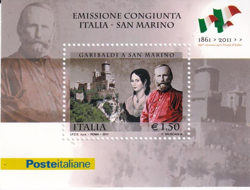 Foglietto Italia Anno 2011 150esimo anniversario dell'Unità d'Italia 150esimo anniversario del conferimento della cittadinanza onoraria sanmarinese a Giuseppe Garibaldi