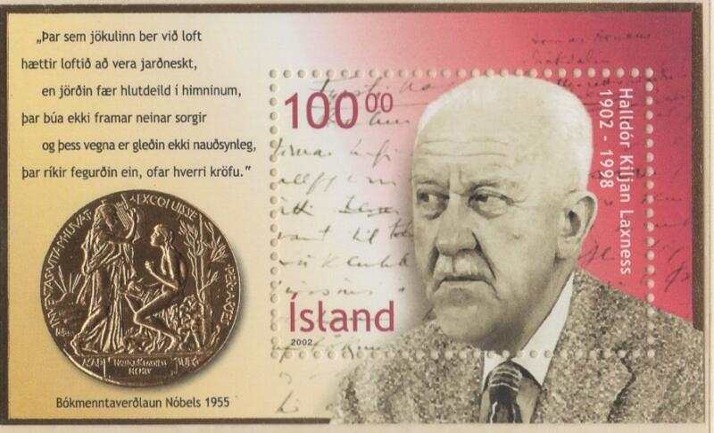 Foglietto Islanda Anno 2002 Centenario della nascita di Halidor Kiljan Laxness in Album ricordo con certificato di autenticità Oro 22 Carati