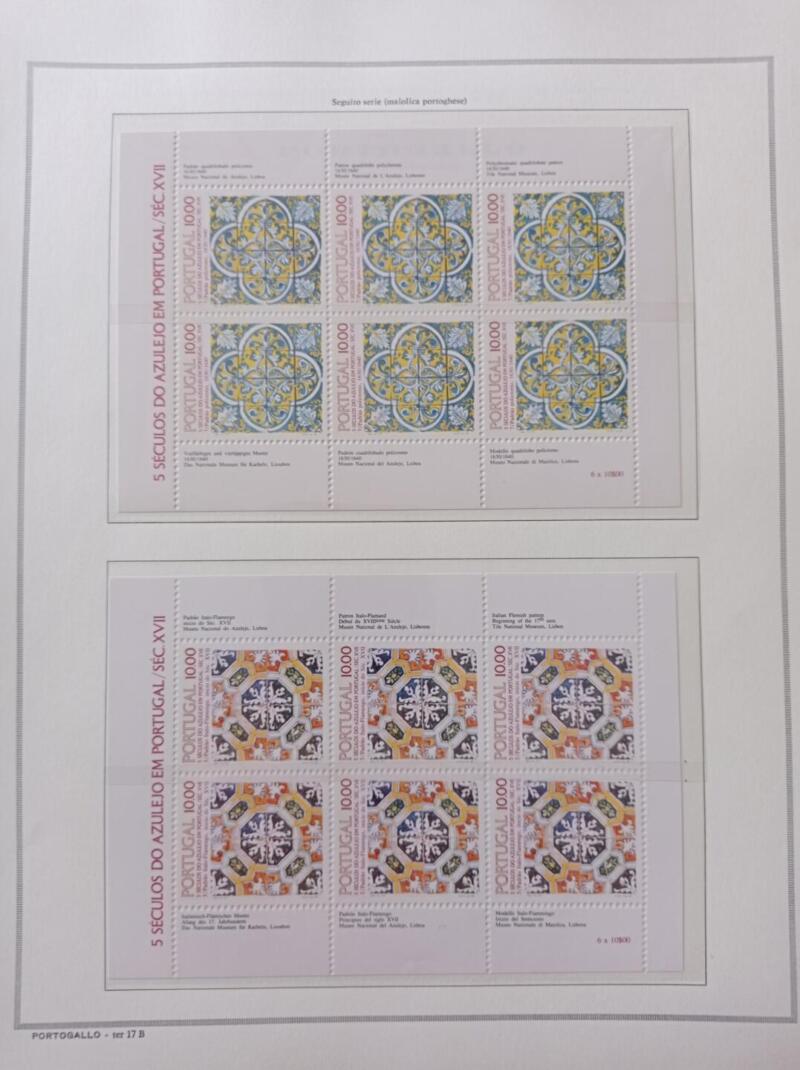 Minifogli Portogallo Anno 1982 Maioliche portoghesi quinta e settima serie (cat. n. 1536 e 1554) montati su Fogli Marini King usati (i fogli sono in omaggio)