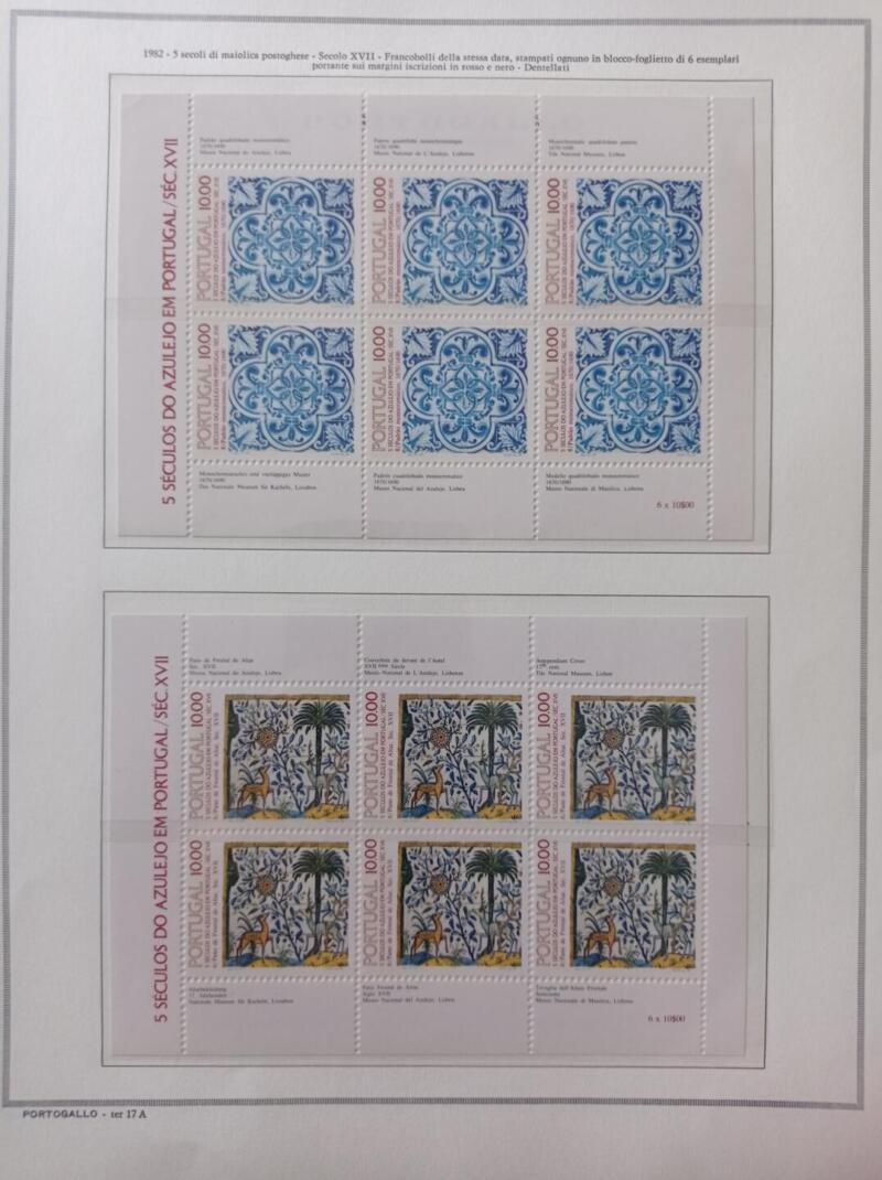 Minifogli Portogallo Anno 1982 Maioliche portoghesi sesta e ottava serie (cat. n. 1547 e 1561) montati su Fogli Marini King usati (i fogli sono in omaggio)